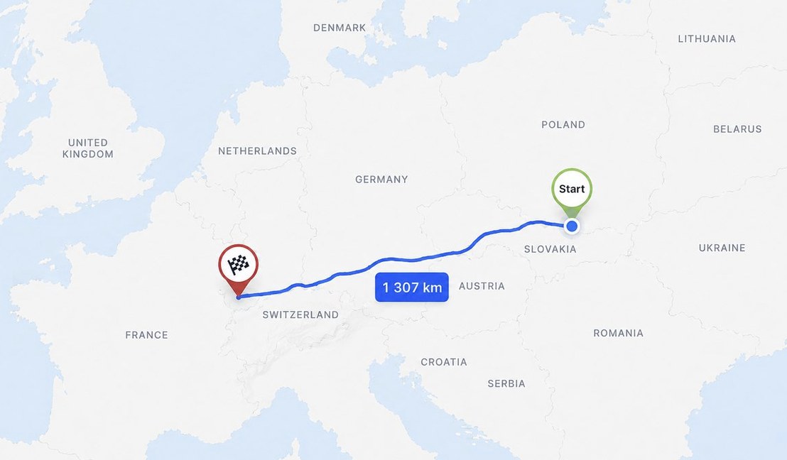 Mapa trasy Humenné – Zürich, 1 307 km